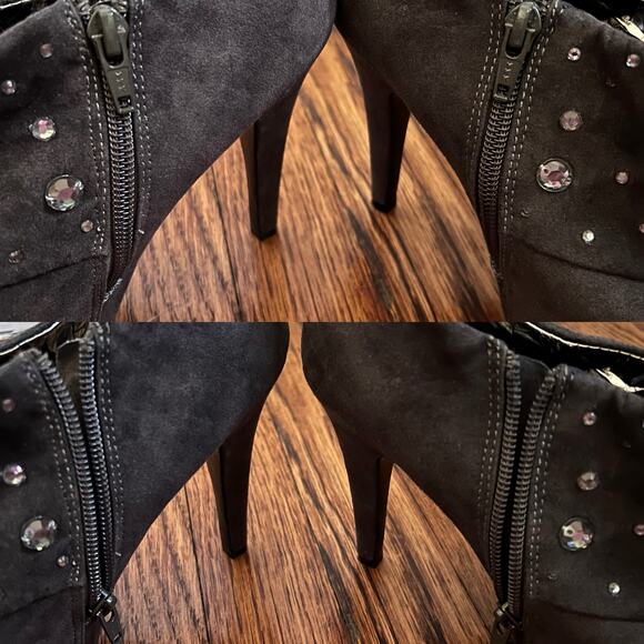 Kathy Van Zeeland Gray Faux Suede Embellished Ankle Booties Size 9M 4.2in Heel - Picture 13 of 16